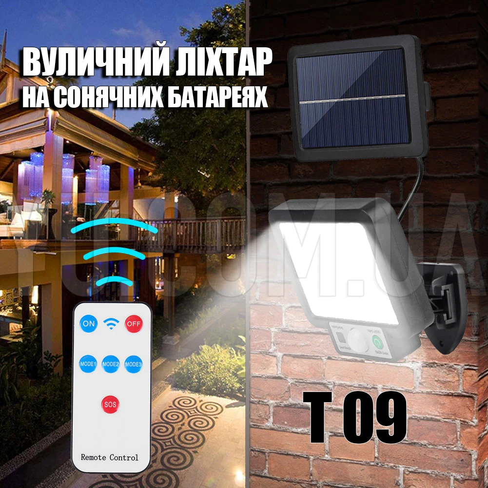 Вуличний ліхтар-прожектор на стіну з пультом на сонячних батареях T 09 Вуличний ліхтар-прожектор на стіну з пультом на сонячних батареях T 09